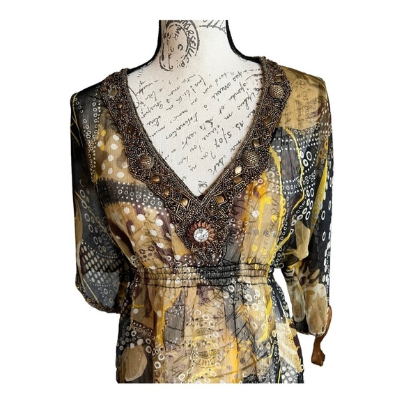 Solitaire, Sheer Beaded Tunic Brown & Gold, L, Like New - Picture 5 of 12